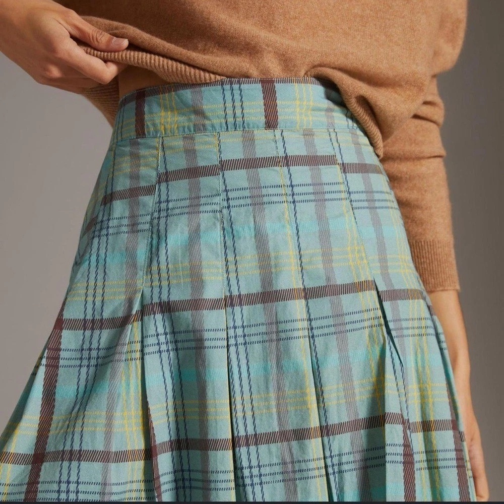 MAEVE by ANTHROPOLOGIE Aqua/Brown Plaid Tartan Ladies Pleated Mini Skirt 0 Y2K